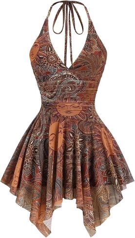 Women's Paisley Halter Dress Boho Printed Tie Backless Hippie Asymmetrical Short Dresses in Saudi Arabia
