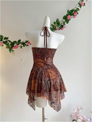 Women's Paisley Halter Dress Boho Printed Tie Backless Hippie Asymmetrical Short Dresses in Saudi Arabia