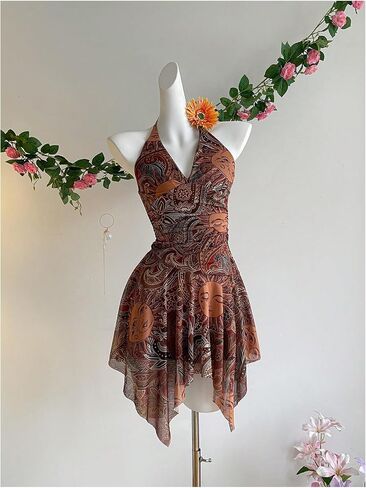 Women's Paisley Halter Dress Boho Printed Tie Backless Hippie Asymmetrical Short Dresses in Saudi Arabia