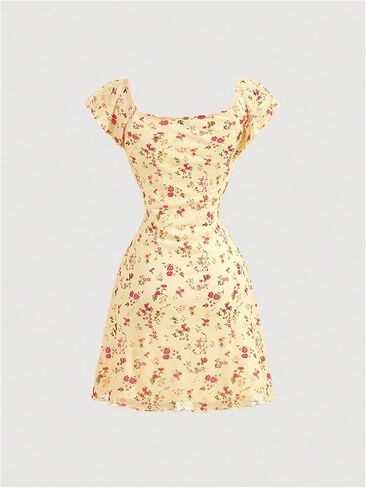 Floerns Women's Floral Print Cap Sleeve Dress Square Neck Tie Front Summer A Line Cute Mini Dresses in Saudi Arabia