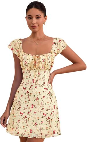 Floerns Women's Floral Print Cap Sleeve Dress Square Neck Tie Front Summer A Line Cute Mini Dresses in Saudi Arabia