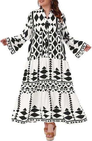 Agnes Orinda Plus Size Womens Button Long Flared Bell Sleeve Tiered Maxi Dress Flowy A Line Pattern Dress Casual Fall in Saudi Arabia