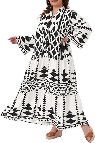 Agnes Orinda Plus Size Womens Button Long Flared Bell Sleeve Tiered Maxi Dress Flowy A Line Pattern Dress Casual Fall in Saudi Arabia