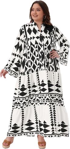 Agnes Orinda Plus Size Womens Button Long Flared Bell Sleeve Tiered Maxi Dress Flowy A Line Pattern Dress Casual Fall in Saudi Arabia