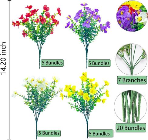20 Bundles Artificial Flowers for Outdoors,UV Resistant Faux Plastic Flower Shrubs Fake Flowers for Outdoors Indoor Home Décor(Mix Colors) in Kuwait