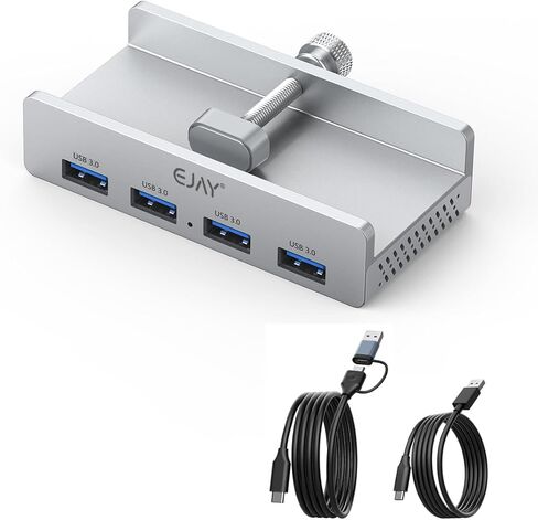 EJAY 4Ports USB3.0 Splitter Alu Clamp Desktop USB HUB for Desk/Monitors Clipping with Extra Power Supply Port and 2 Long Cables(59inches Data & 39inches Power Cables) in Kuwait