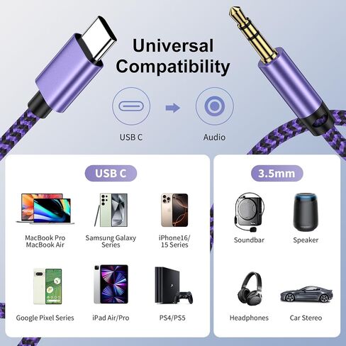 iPhone 16 Aux Cord for Car, [3.3ft] USB-C to 3.5mm Audio Auxiliary Jack Cable C-Type Headphone Car Stereo Cord for iPhone 16e/16 Plus/16 Pro/16 Pro Max/15, Samsung Galaxy S25 Ultra/S24 FE/S23 + in Saudi Arabia