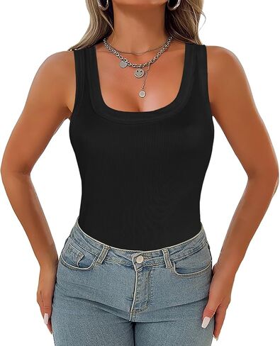 Afibi Womens Scoop Neck Ribbed Tank Tops Low Cut Solid Sexy Summer Sleeveless Fitting Tees Shirts in Saudi Arabia
