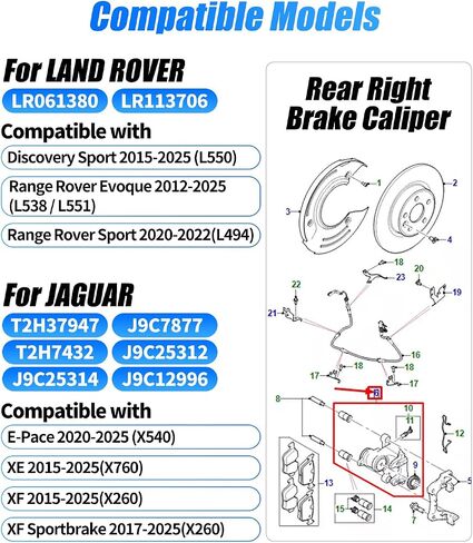 LR113706 Car Brake Caliper Assembly, Rear Brake Caliper Replacement for Land Rover Discovery Sport 2015-2023, for Range Rover Evoque 2012-2023 LR061380, JAGUAR XE XF E-Pace T2H37947 (caliper-right) in Saudi Arabia