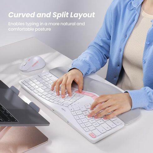 Nulea Advanced Ergonomic Wireless Keyboard and Mouse Combo, Comfortable Natural Typing, Palm Rest, Multi-Device (Bluetooth, 2.4G, Wired), Rechargeable, for Multi-OS, Windows, Mac, Android(Pink) in Saudi Arabia