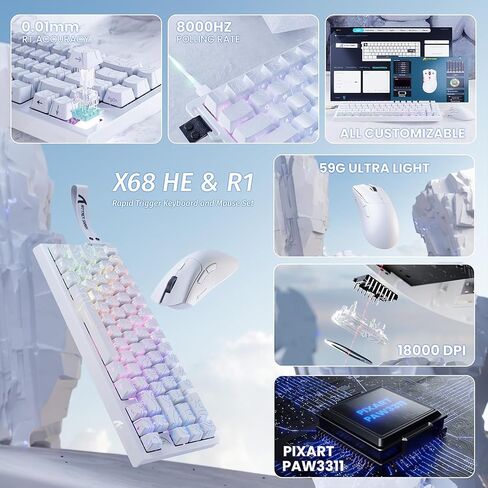 الهجوم Shark X68 He Gaming Keyboard & R1 Mouse Combo ، 8khz Magnetic Switch Keyboard ، 16.8m RGB ، Actuation Custom in Kuwait