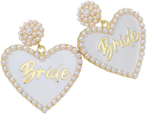 Love Heart Bride Earrings for Women Imitation Pearl Beaded Heart Earrings Bride Beauty Letter Statement Dangling Earrings Shiny Rhinestone Wedding Bridal Jewelry in Saudi Arabia
