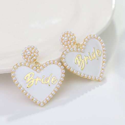 Love Heart Bride Earrings for Women Imitation Pearl Beaded Heart Earrings Bride Beauty Letter Statement Dangling Earrings Shiny Rhinestone Wedding Bridal Jewelry in Saudi Arabia
