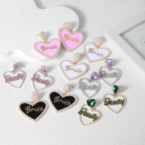 Love Heart Bride Earrings for Women Imitation Pearl Beaded Heart Earrings Bride Beauty Letter Statement Dangling Earrings Shiny Rhinestone Wedding Bridal Jewelry in Saudi Arabia