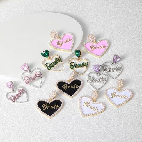Love Heart Bride Earrings for Women Imitation Pearl Beaded Heart Earrings Bride Beauty Letter Statement Dangling Earrings Shiny Rhinestone Wedding Bridal Jewelry in Saudi Arabia