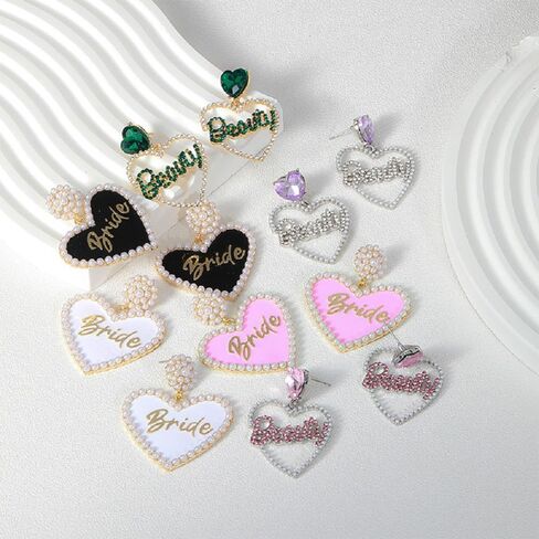 Love Heart Bride Earrings for Women Imitation Pearl Beaded Heart Earrings Bride Beauty Letter Statement Dangling Earrings Shiny Rhinestone Wedding Bridal Jewelry in Saudi Arabia