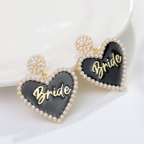 Love Heart Bride Earrings for Women Imitation Pearl Beaded Heart Earrings Bride Beauty Letter Statement Dangling Earrings Shiny Rhinestone Wedding Bridal Jewelry in Saudi Arabia
