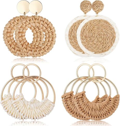 Raffia Raffia Rattan Bohemian Round Round 4 أزواج شاطئ أساسيات الشاطئ تتدلى أقراط مجموعة أزياء خفيفة الوزن بيان الصيف طوق Drops Drops Straw Condring - Facitugy Essential in Kuwait