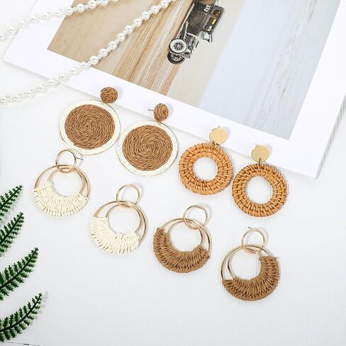 Raffia Raffia Rattan Bohemian Round Round 4 أزواج شاطئ أساسيات الشاطئ تتدلى أقراط مجموعة أزياء خفيفة الوزن بيان الصيف طوق Drops Drops Straw Condring - Facitugy Essential in Kuwait