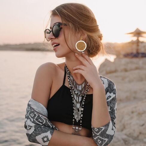 Raffia Raffia Rattan Bohemian Round Round 4 أزواج شاطئ أساسيات الشاطئ تتدلى أقراط مجموعة أزياء خفيفة الوزن بيان الصيف طوق Drops Drops Straw Condring - Facitugy Essential in Kuwait