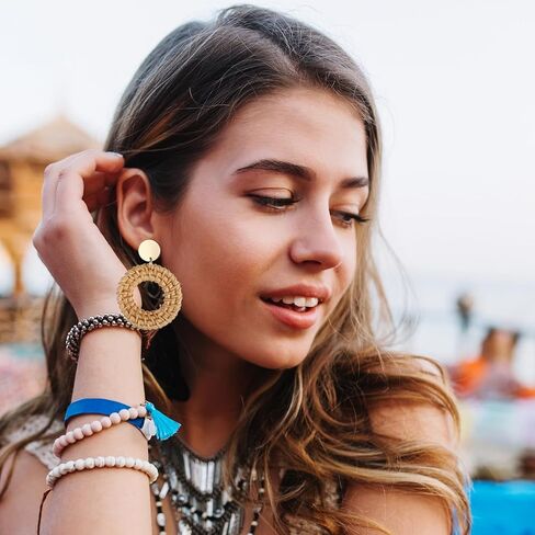 Raffia Raffia Rattan Bohemian Round Round 4 أزواج شاطئ أساسيات الشاطئ تتدلى أقراط مجموعة أزياء خفيفة الوزن بيان الصيف طوق Drops Drops Straw Condring - Facitugy Essential in Kuwait