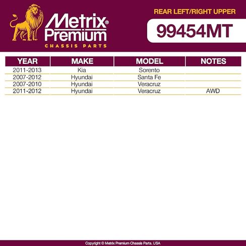 Metrix Premium Chassis Parts - Rear Left & Right Upper Control Arm w Ball Joint & Bushing Assembly Kit Fits 11-13 Kia Sorento, 07-12 Hyundai Santa Fe, 07-12 Veracruz, RK623153 RK623152 Made in Europe in Saudi Arabia