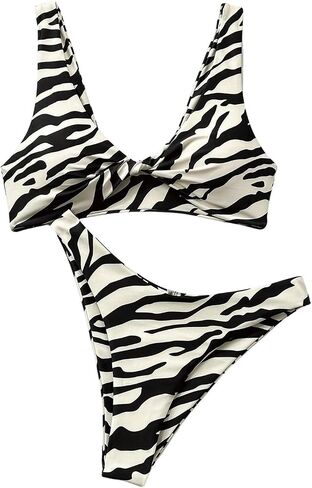 GORGLITTER Women's Zebra Striped Swimsuit 2 Piece Twist Front High Cut Hipster Bikini Bathing Suit in Saudi Arabia
