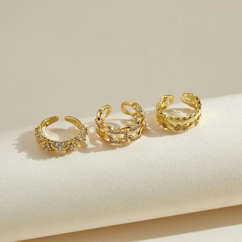 Thick Stacking Rings 18K Gold Plated Chain Link Ring Dainty Cubic Zirconia 3 Rings Set Open Adjustable Rings for Women in Kuwait