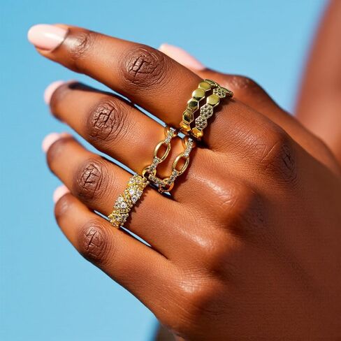 Thick Stacking Rings 18K Gold Plated Chain Link Ring Dainty Cubic Zirconia 3 Rings Set Open Adjustable Rings for Women in Kuwait