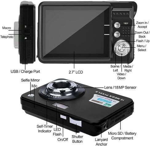 18MP Megapixel Digital Camera with 2.7" LCD Screen, Rechargeable Battery, HD Photo and Video for Indoor, Outdoor Photography for Adults, Kids (Silver) in Kuwait
