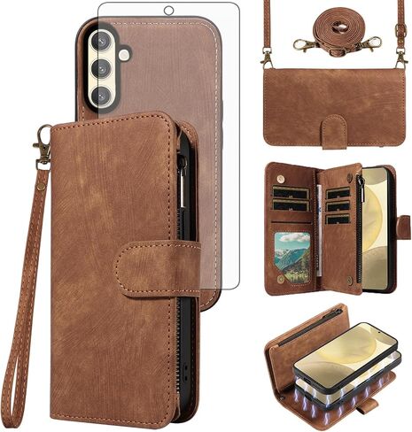 Phone Case for Samsung Galaxy S24/S25 5G Zipper Wallet Detachable Magnetic Cover with Tempered Glass Screen Protector Crossbody Lanyard Strap Flip Card Holder Slot S 24 24S 25 25S G5 Women Girls Red in Kuwait