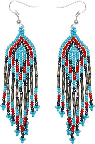 أقراط مصنوعة يدويًا للنساء | المجوهرات القبلية متعددة الألوان | الأسلوب الأمريكي الأصلي Dangle Bead أقراط | إكسسوارات البيان العرقي in Kuwait