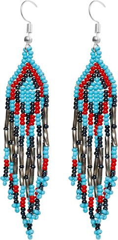 أقراط مصنوعة يدويًا للنساء | المجوهرات القبلية متعددة الألوان | الأسلوب الأمريكي الأصلي Dangle Bead أقراط | إكسسوارات البيان العرقي in Kuwait
