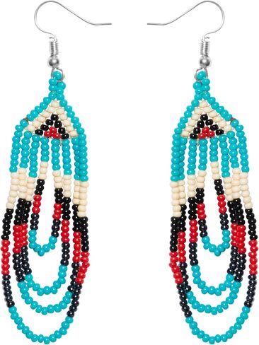 أقراط مصنوعة يدويًا للنساء | المجوهرات القبلية متعددة الألوان | الأسلوب الأمريكي الأصلي Dangle Bead أقراط | إكسسوارات البيان العرقي in Kuwait