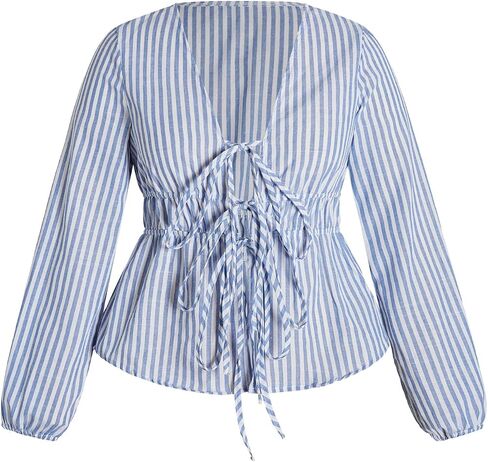 SHENHE Women's Striped Tie Front Lantern Sleeve Blouse Deep V Neck Peplum Shirt Top in Saudi Arabia
