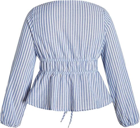 SHENHE Women's Striped Tie Front Lantern Sleeve Blouse Deep V Neck Peplum Shirt Top in Saudi Arabia