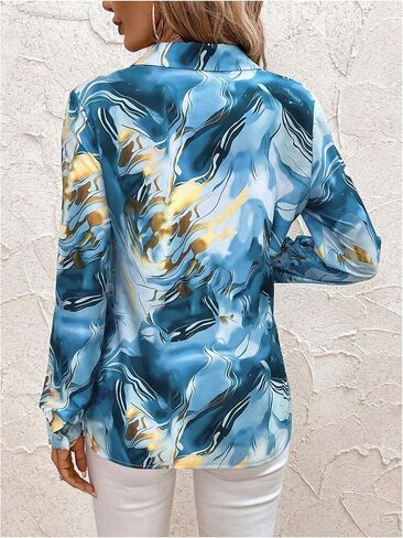 Wdirara Women's Ramble Print Button Down Long Sleeve Shirt Twist Plouse Top in Kuwait