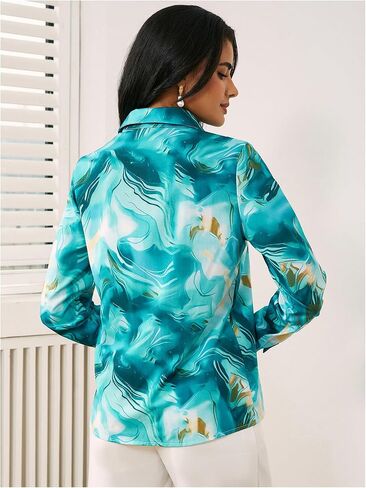 Wdirara Women's Ramble Print Button Down Long Sleeve Shirt Twist Plouse Top in Kuwait