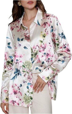 Wdirara Women's Ramble Print Button Down Long Sleeve Shirt Twist Plouse Top in Kuwait