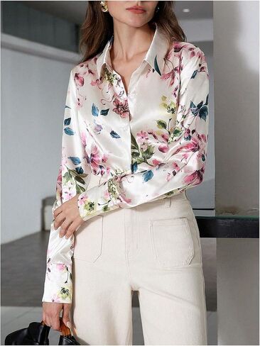 Wdirara Women's Ramble Print Button Down Long Sleeve Shirt Twist Plouse Top in Kuwait
