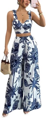 Thlai Summer Women 2 قطعة من القطعة طباعة V-Neck Cami Crop Top و Smocked Wide Leg Pants مجموعة العطلات in Kuwait