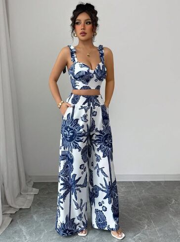 Thlai Summer Women 2 قطعة من القطعة طباعة V-Neck Cami Crop Top و Smocked Wide Leg Pants مجموعة العطلات in Kuwait