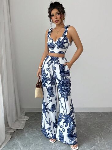 Thlai Summer Women 2 قطعة من القطعة طباعة V-Neck Cami Crop Top و Smocked Wide Leg Pants مجموعة العطلات in Kuwait
