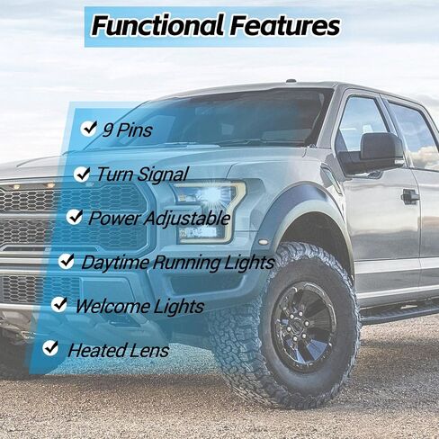 مرآة باب جانب الراكب الأيمن تناسب مرآة 2015-2021 F150 مع زجاج ساخن وقابل للتعديل، ضوء إشارة الانعطاف LED وأضواء البركة، ضوء العرض، قابل للطي يدويًا (11 دبابيس) in Kuwait