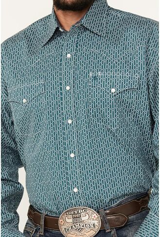 Stetson Men's Geo Print Long Sleeve Pearl Snap Western Shirt Teal XX-Large in Saudi Arabia