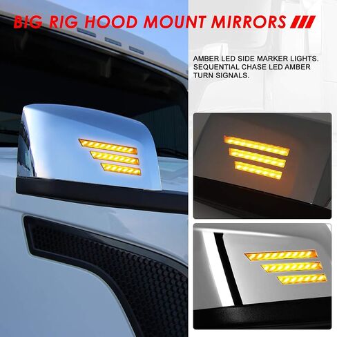 Auto Dynasty Arrow-Pattern LED Sequential Turn Signal Manual Adjust Rear View Side Hood Mirrors Compatible with Volvo VN Series 2004-2018, Driver and Passenger Side, Polished Chrome in Saudi Arabia