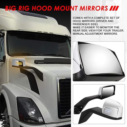 Auto Dynasty Arrow-Pattern LED Sequential Turn Signal Manual Adjust Rear View Side Hood Mirrors Compatible with Volvo VN Series 2004-2018, Driver and Passenger Side, Polished Chrome in Saudi Arabia