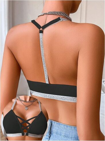 SOLY HUX Women's Ribbed Front Closure Bra Sparkly Straps Criss Cross Push Up Bralettes in Saudi Arabia