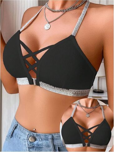 SOLY HUX Women's Ribbed Front Closure Bra Sparkly Straps Criss Cross Push Up Bralettes in Saudi Arabia