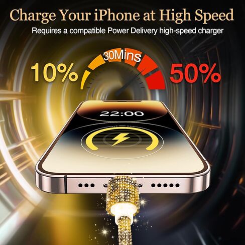 USB Cable for iPhone 14 Charger Cord, 3.3 ft Bling Diamond Rhinestone Cord, 66W Fast Charging USB A to iOS Charger for iPhone 14 Pro/13 Pro Max/128/11, iPad Pro in Kuwait